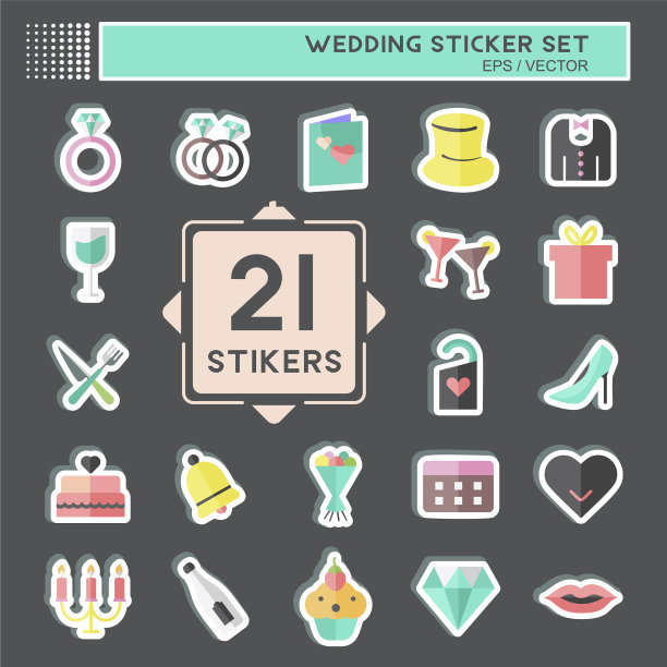 婚礼贴纸设置在时尚孤立的黑色图片下载