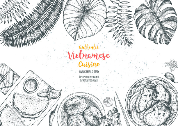 越南食物顶视图框架。一套越南菜。菜单设计模板。手绘素描矢量插图。雕刻风格。图片下载