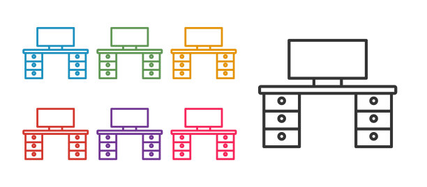 设置线办公室办公桌图标孤立在白色图片下载