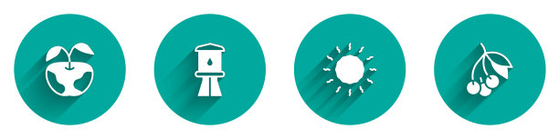 树立苹果水塔太阳和新鲜的浆果图标图片下载