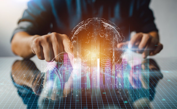 超宇宙世界虚拟现实技术。未来城市景观数字化产业nft与互联网大数据概念。3D插画商业技术概念。图片下载