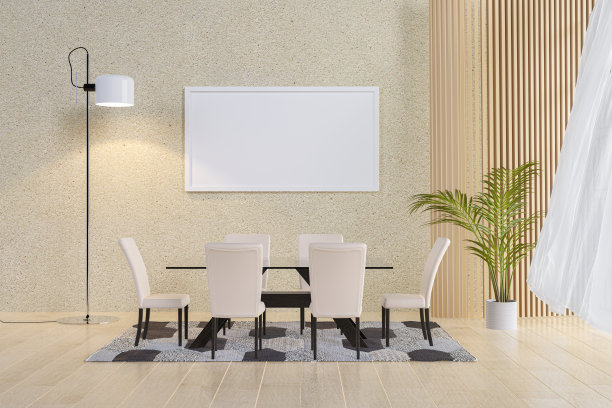 带有木地板和装饰木板的餐厅的3d渲染图。图片下载