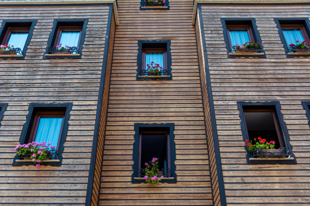 一张有木制装饰和许多窗户的对称建筑立面的照片。图片下载