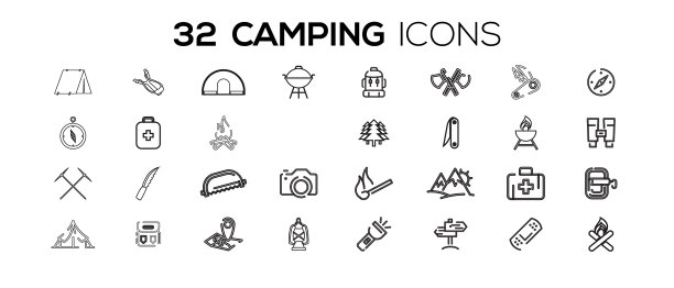 一套细线图标的露营服务图片下载