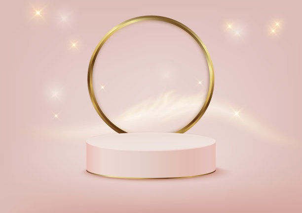 展示3d抽象平台产品玫瑰金。与轻软粉红色模糊形状的背景和闪光，宣传显示豪华的设计。图片下载