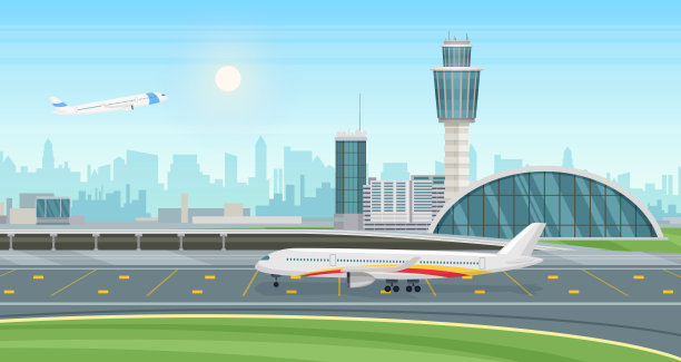 向量机场景观。机场候机楼与飞机起飞。图片下载