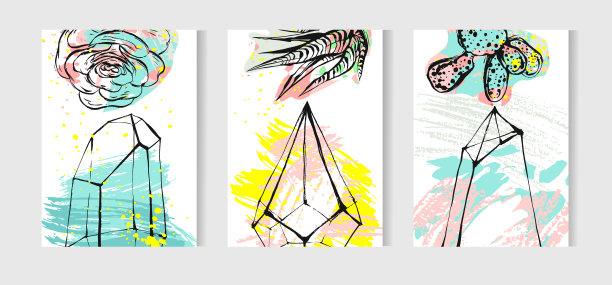 手绘矢量热带卡集合与室内植物，多肉植物和仙人掌植物。北欧风格插画，现代家居装饰。生日,婚礼,业务,邀请图片下载