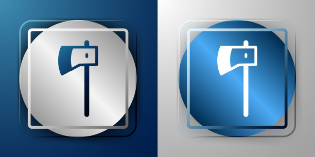 白色木制斧头图标孤立在蓝色和灰色上图片下载