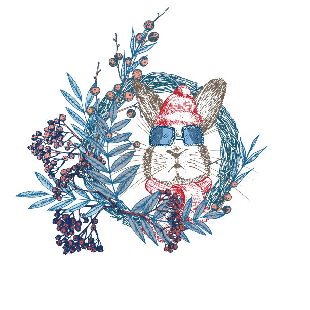 手画兔子在红色的冬季帽子，围巾，太阳镜圣诞花环兔象征中国的新年2023。圣诞decort。纹身艺术。黑白素描雕刻风格设计。向量图片下载