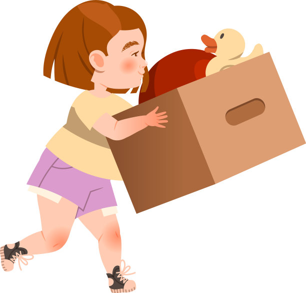 可爱的小女孩提着装满玩具的纸板箱图片下载
