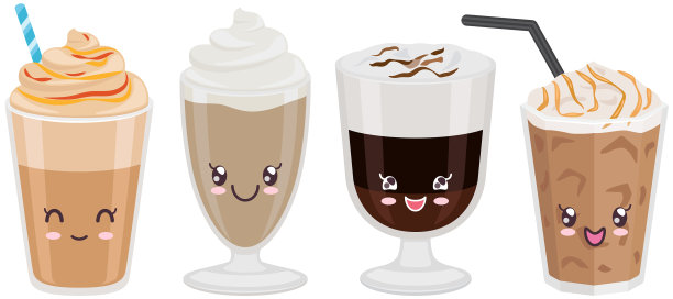 可爱的咖啡杯套装贴纸卡哇伊图标图片下载