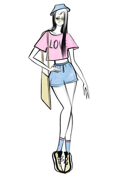 插画素描时尚女孩全长姿势现代风格夏天看巴拿马帽眼镜和短裤宽松的趋势服装图片下载