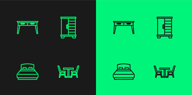 设有直线桌、椅子、大床、办公书桌图片下载