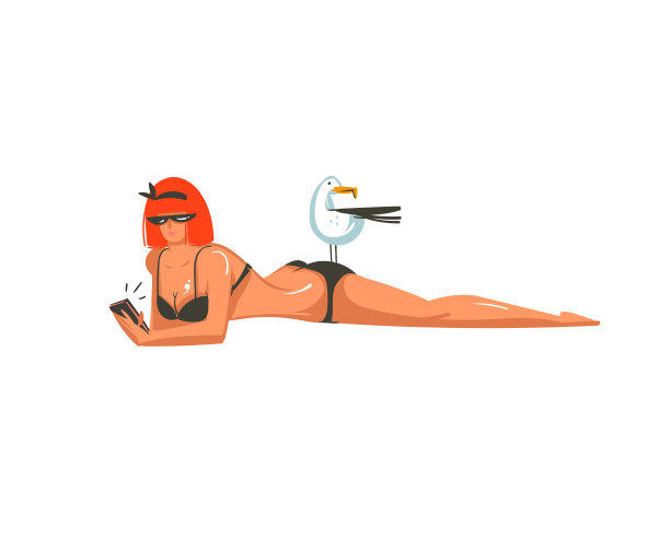 手绘矢量抽象图形卡通暑期收集平面插图与美丽的女孩字符与海鸥在海滩上孤立的白色背景图片下载