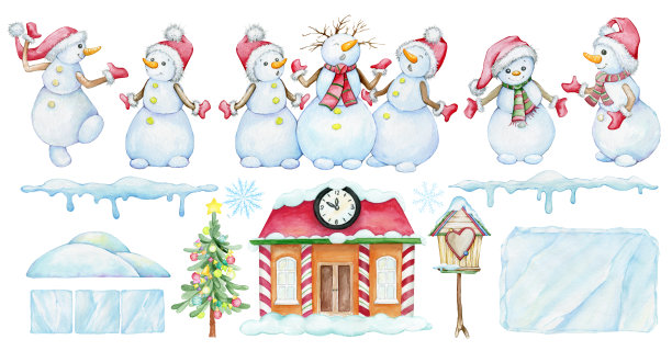 雪人，钟屋，鸟屋，圣诞树，雪花。水彩假日集，在一个孤立的背景。图片下载