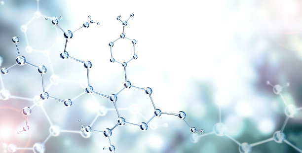 带有抽象分子结构模型的横条旗。蓝色背景与原子和火花图片下载