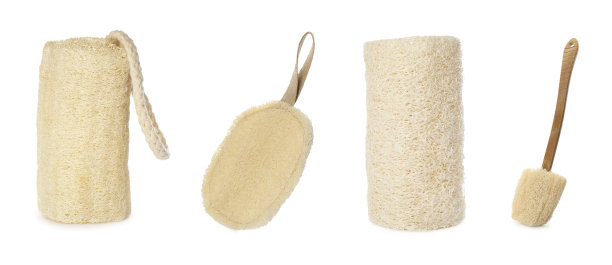用天然丝瓜沐浴海绵和刷子在白色背景上设置。旗帜设计图片下载