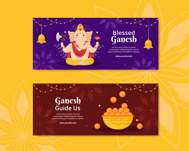 快乐Ganesh Chaturthi社交媒体旗帜模板平面卡通背景矢量插图图片下载