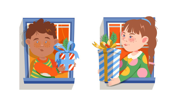 可爱的孩子们带着礼物盒子往外看图片下载