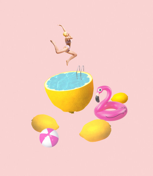 当代艺术拼贴。创意色彩丰富的设计与年轻女孩跳进柠檬游泳池隔离在粉红色的背景。休假时间图片下载