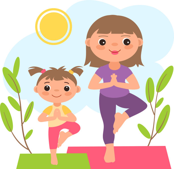 一个女人和一个女孩在户外做瑜伽图片下载