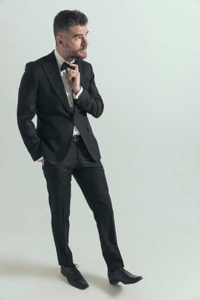 有魅力的商人一边整理领结一边看向别处图片下载