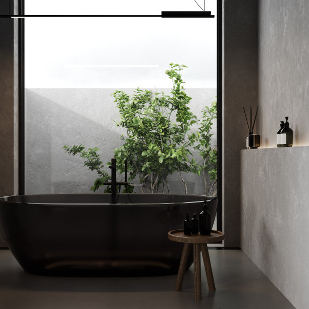 封闭现代浴室，大窗户和玻璃浴缸，混凝土墙，3d渲染图片下载
