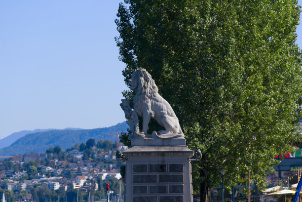 在阳光明媚的夏日，Zürich城的恩格尔港的石狮雕塑和帆船。图片下载