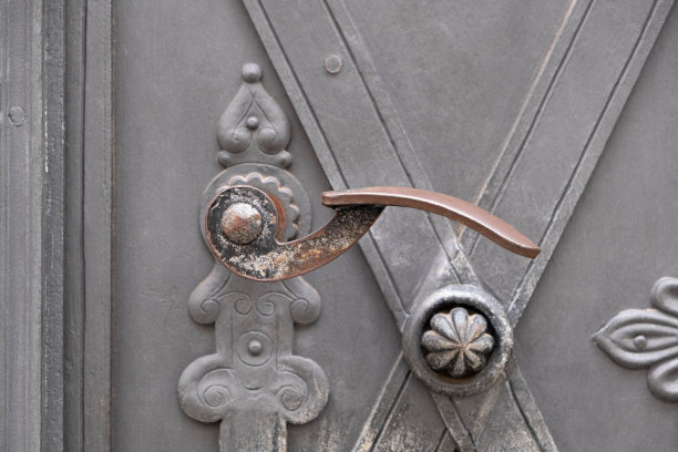 金属门上的传统门把手装饰图片下载