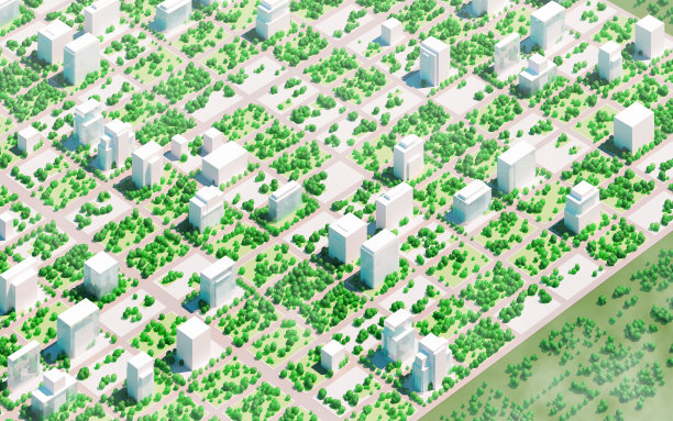 绿色建筑:被绿色包围的抽象商业区图片下载