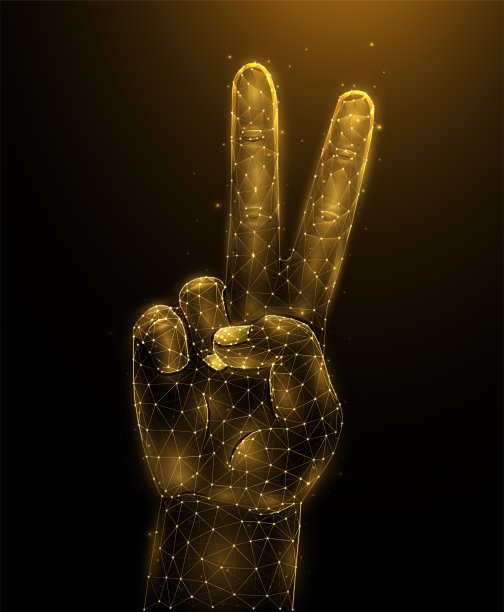 在黑色背景上展示和平或胜利手势的抽象矢量插图。手与两个手指上低多边形设计。和平主义的概念。未来主义旗帜或背景。图片下载