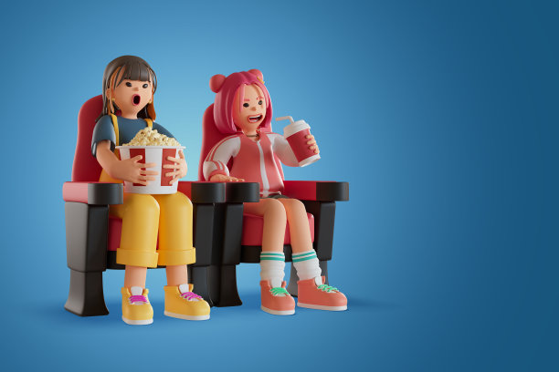 两个女人或朋友一起看电影。3 d渲染图图片下载