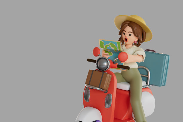女游客骑着摩托车看地图旅行。3 d渲染图图片下载