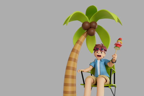 男游客坐在椰子树下的椅子上吃烧烤。3 d渲染图图片下载