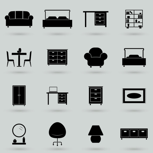 一套孤立的黑色图标-床办公椅图片下载