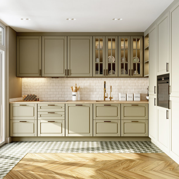 现代宽敞的厨房内部，米色马赛克后挡板，木制橱柜和拼花地板。3 d渲染。图片下载