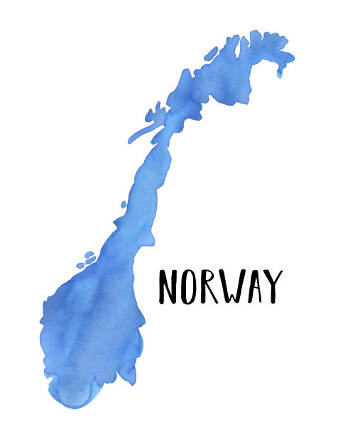 水彩插图的挪威地图形状在美丽的蓝色。图片下载