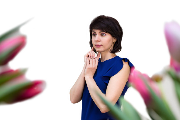 女花商肖像，为花店广告小册子拍照图片下载