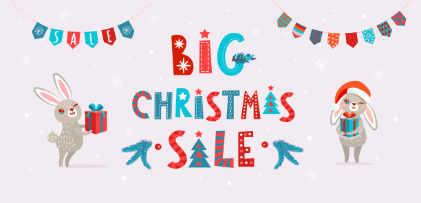 矢量插图大圣诞销售。卡通兔子戴着红色的圣诞老人帽，庆祝圣诞节，冬季假期季节有商店折扣，促销优惠券模板季节性背景图片下载