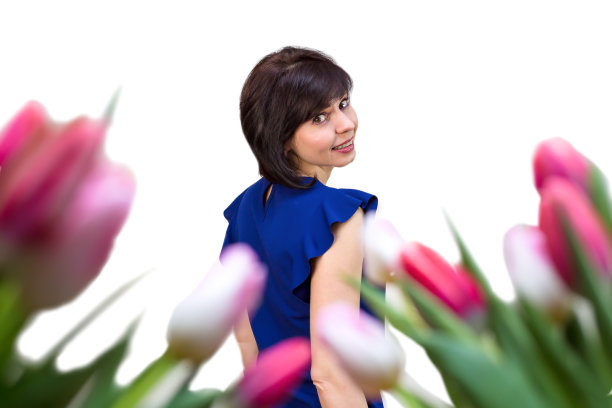 女花商肖像，为花店广告小册子拍照图片下载