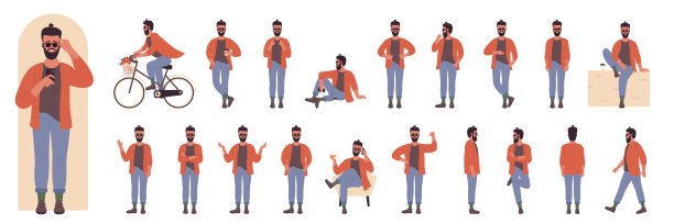 嬉皮人物姿势设置，男人胡子和眼镜摆在前面，侧面，背面的观点图片下载