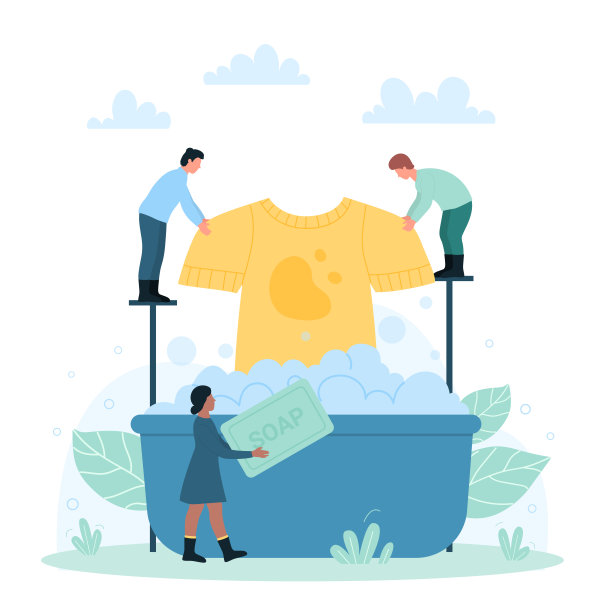 洗衣店清洁服务，有小人拿着脏衬衫和肥皂洗衣服图片下载