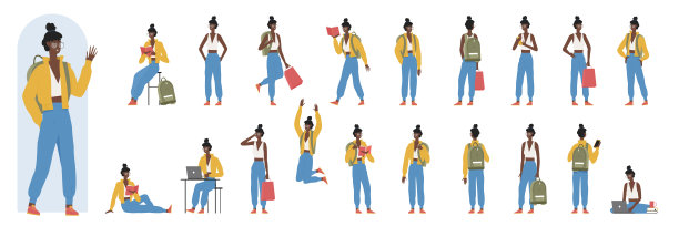 黑人女学生角色的姿势和动作设定，女孩学习，坐在笔记本电脑前图片下载