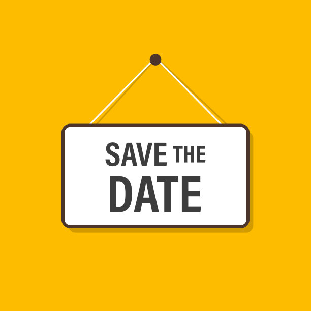 保存日期挂在黄色背景的标志为商业，营销，传单，横幅，演示和海报。插图图片下载