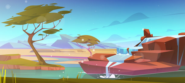 大草原，河流，瀑布，金合欢树图片下载