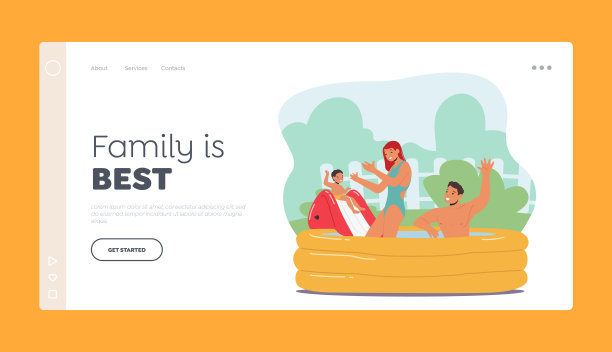 快乐家庭夏季水上游戏登陆页面模板。在游泳池玩耍的母亲，父亲和儿子图片下载