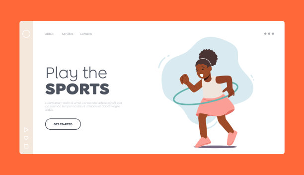 儿童快乐娱乐，运动登陆页模板。有趣的非洲女孩玩呼啦圈。孩子滚环图片下载