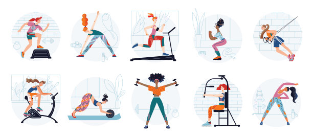 运动健体的女子在健身房集合，活泼的女孩在运动服训练身体图片下载