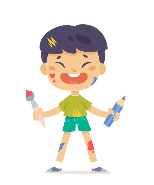 可爱快乐的男孩艺术家拿着画笔和铅笔画画和创造艺术图片图片下载