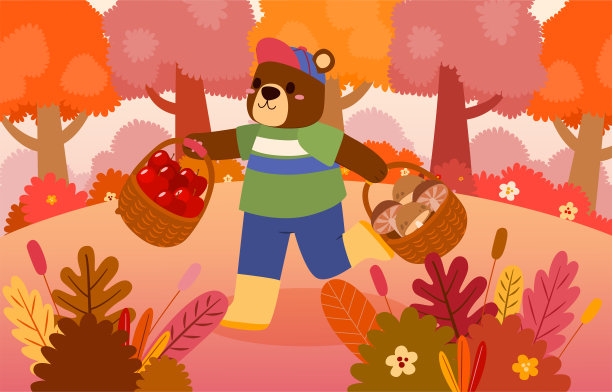 秋天，可爱的熊在自然公园野餐图片下载